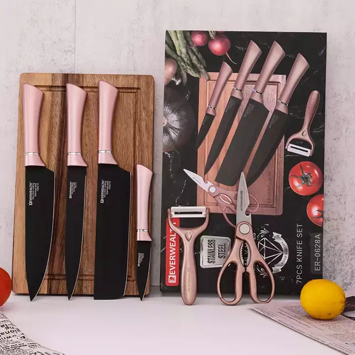 Heißer Verkauf Geschenk Box 7-Stück Küchengeschirr Edelstahl Schwarz Klinge Messer Set mit Schneidebrett 