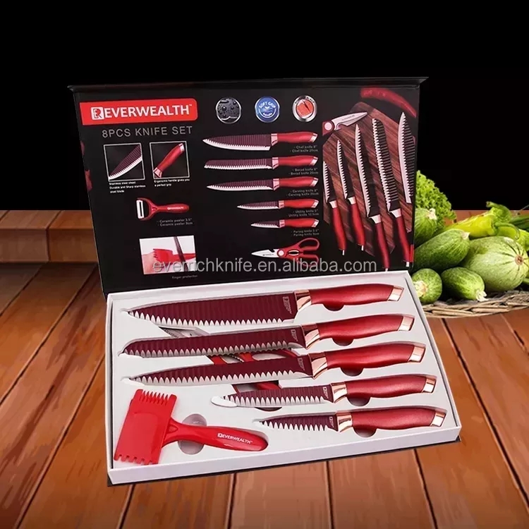 Top Attraktive heiße verkaufende 8-Pcs Küchenmesser Set rote Farbe mit Geschenkbox 