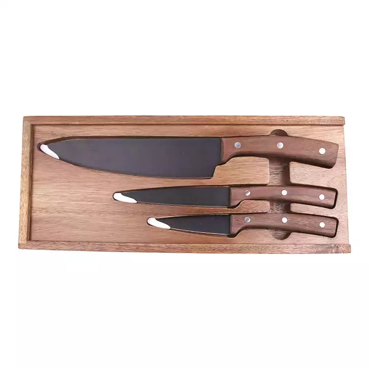 Heißer Verkauf des neuen Entwurfs-schwarzen Oxid-Beschichtungs-Küchenmesser-Koch-Messer-Sets mit Walnuss-Holz-Griff 