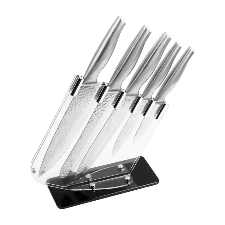 Kundenspezifische heiße Produkte 6-pcs Küchenutensilien Hohler Griff Edelstahl Küchenmesser Set mit Messerblock 