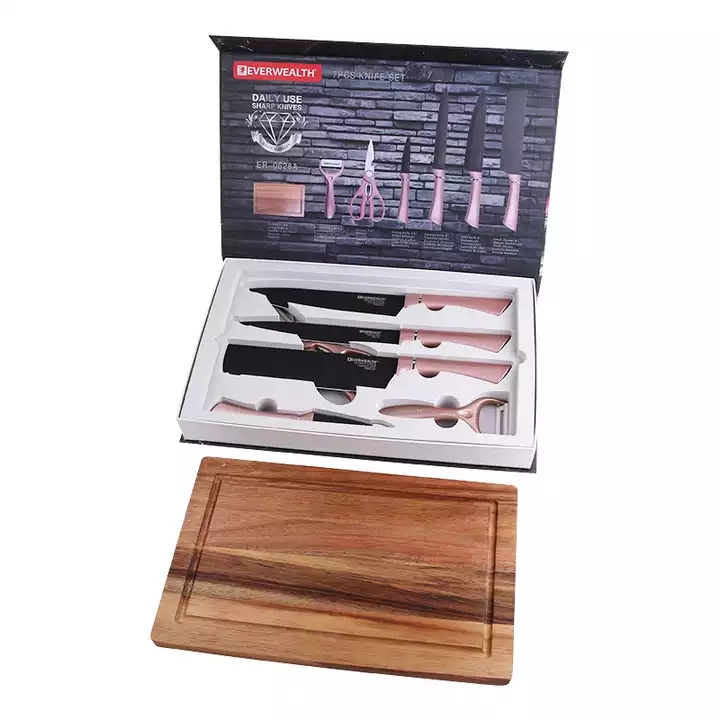 Heißer Verkauf Geschenk Box 7-Stück Küchengeschirr Edelstahl Schwarz Klinge Messer Set mit Schneidebrett 