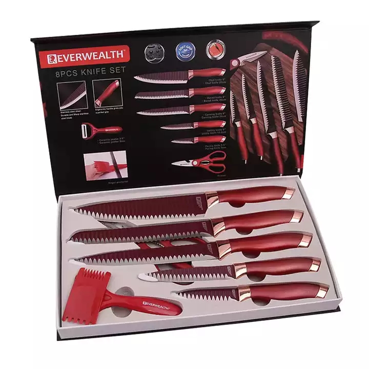 Top Attraktive heiße verkaufende 8-Pcs Küchenmesser Set rote Farbe mit Geschenkbox 