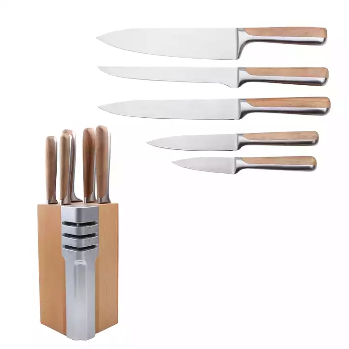 Edelstahl-Küchenmesser Set in Buchenholz-Griffen C430 mit hölzerner Messerspeicherbasis 